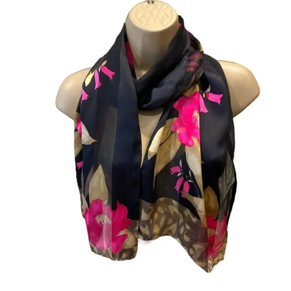 Beautiful Silk Fuchsia & Tan Floral Striped Scarf 12x58